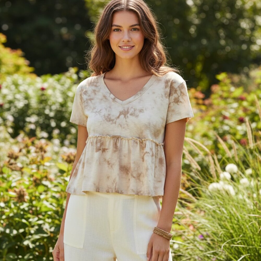 NEW So Beige Cream XL Tie Dye V Neck Peplum Tee‎ Top Boho Cottage Coastal Casual